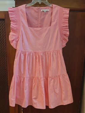 English Factory | Pink Cotton Mini Dress‎ Square Neck Ruffled Tiered - Size M